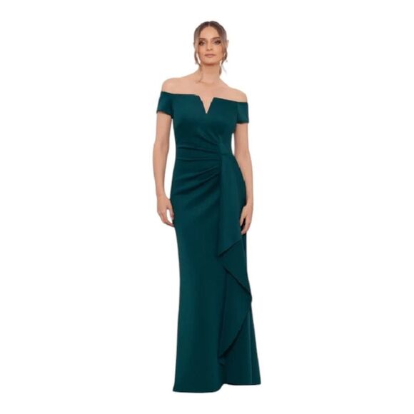 NEW XSCAPE Small* Hunter Green Long Gown Off Shoulder Ruched Ruffle USA Made - Picture 1 of 15